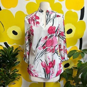 Peak 70s Vintage Boho Slit Neck Pink Floral Print Blouse